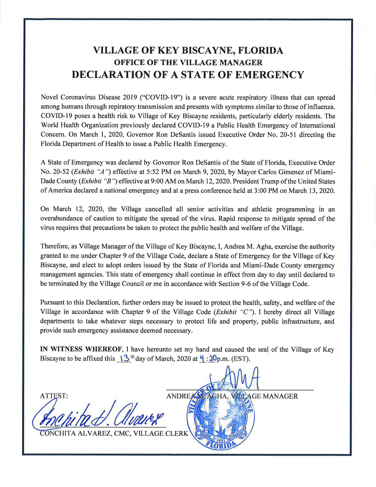 DECLARATION OF A STATE OF EMERGENCY OFFICE OF THE VILLAGE MANAGER Key